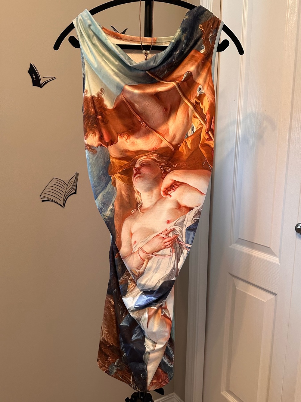 Art-Print Draped Midi Dress in Blue, Brown & Cream sm